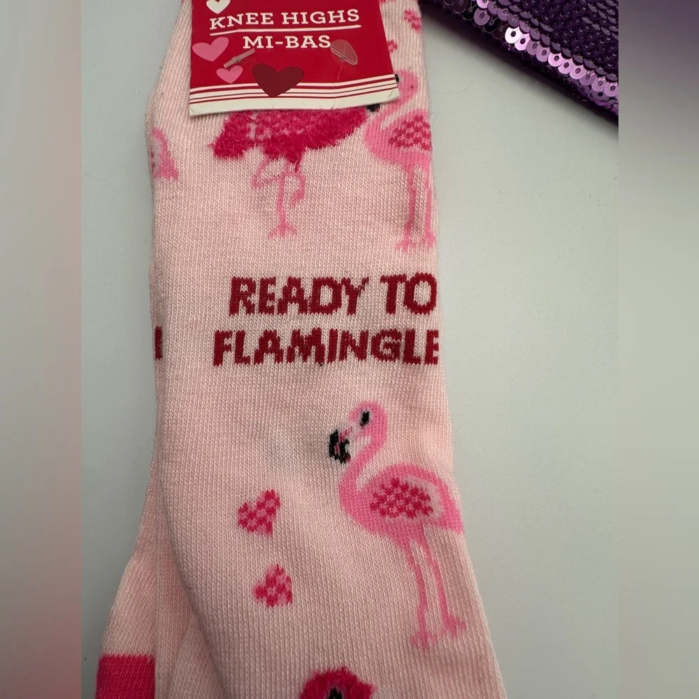 Pink and Lavender Tarte Flamingo Sequin Makeup Bag & New Flamingo Knee Hi Socks